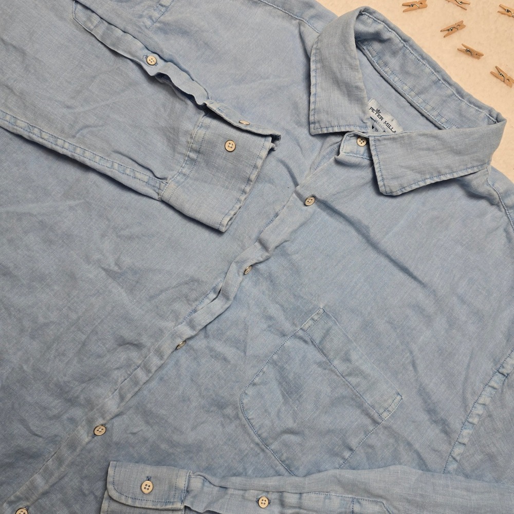 Peter Millar‎ XL Mens Light Blue 100% Linen Button Down Shirt Long Sleeve
